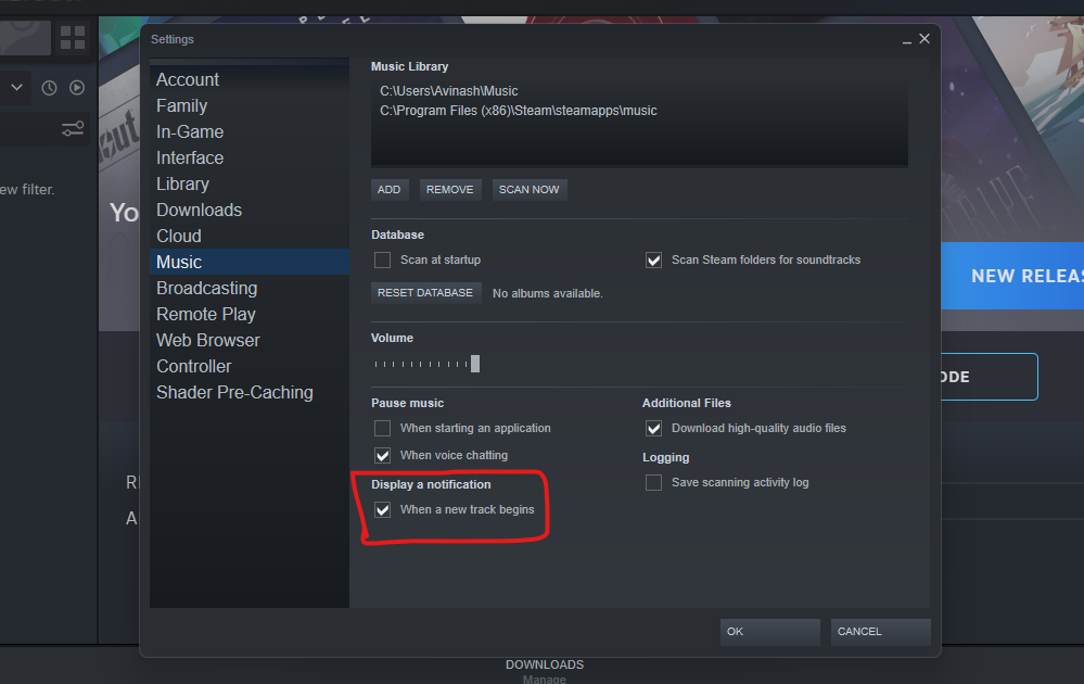 Disable Steam music notification