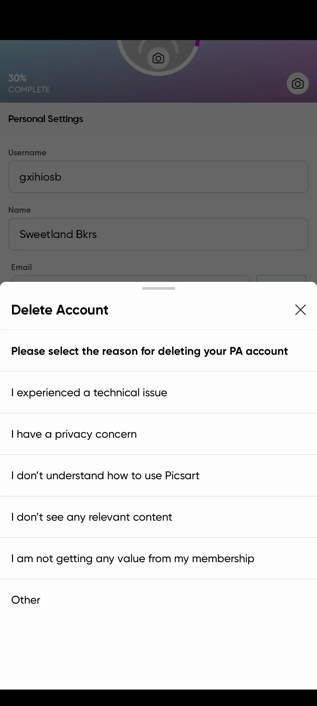 PicsArt delete account reason 