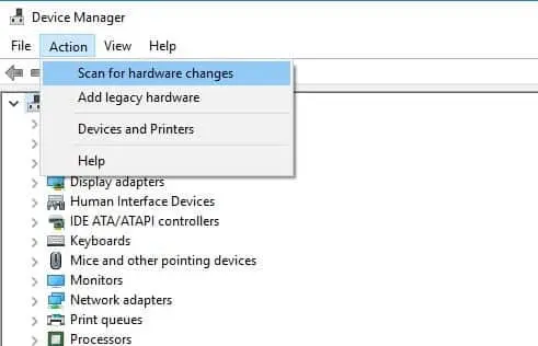 Device manager Scan for hardware changes 